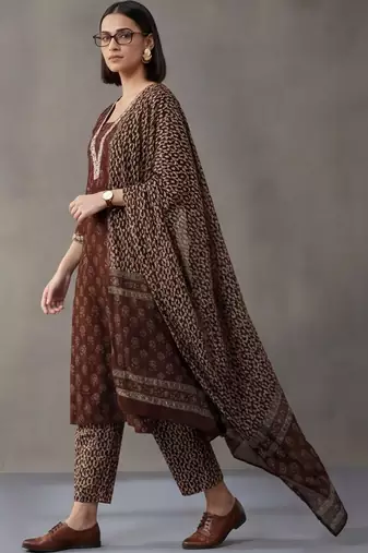 workwear women ethnic motifs printed regular thread work cotton kurta with trousers & with dupatta