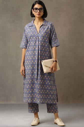 structured women floral printed regular cotton kurta with trousers