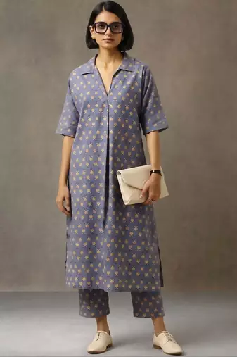 structured women floral printed regular cotton kurta with trousers
