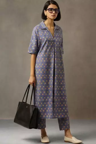 structured women floral printed regular cotton kurta with trousers