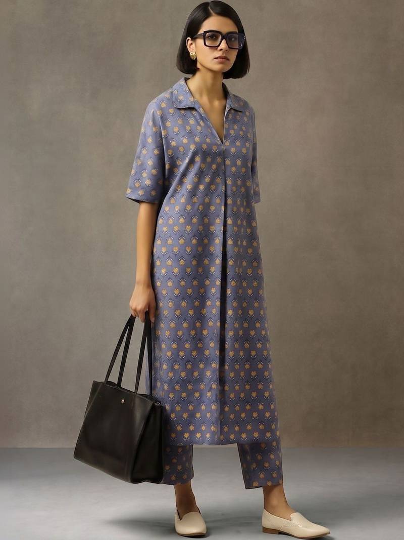 structured women floral printed regular cotton kurta with trousers