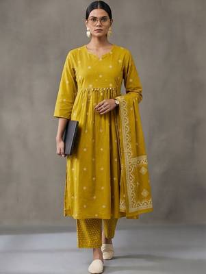 floral embroidered a-line cotton kurta & trousers sets 1