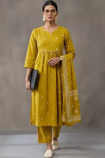 floral embroidered a-line cotton kurta & trousers sets