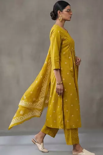 floral embroidered a-line cotton kurta & trousers sets