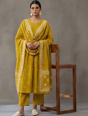 floral embroidered a-line cotton kurta & trousers sets 5