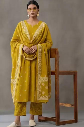floral embroidered a-line cotton kurta & trousers sets