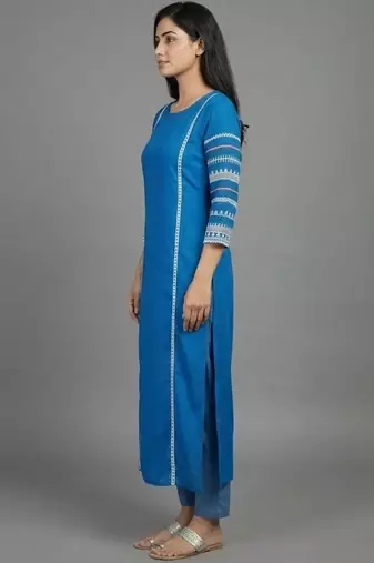 formal women ethnic motifs embroidered regular thread work kurta with trousers