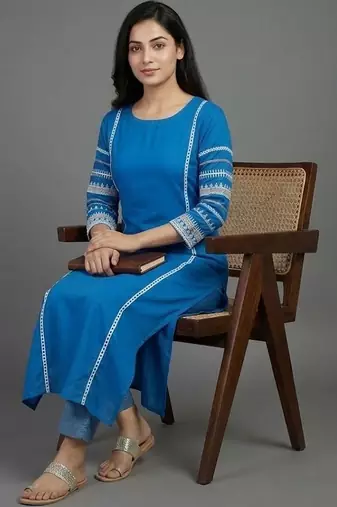 formal women ethnic motifs embroidered regular thread work kurta with trousers
