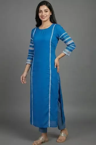formal women ethnic motifs embroidered regular thread work kurta with trousers