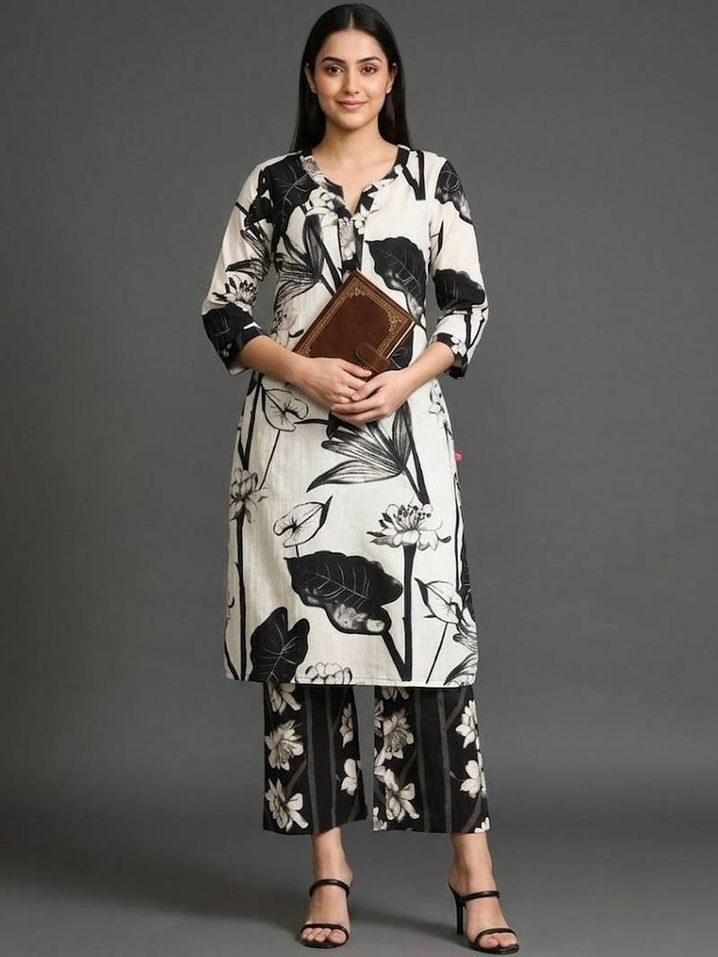 everyday classic women floral printed regular cotton kurta with palazzos