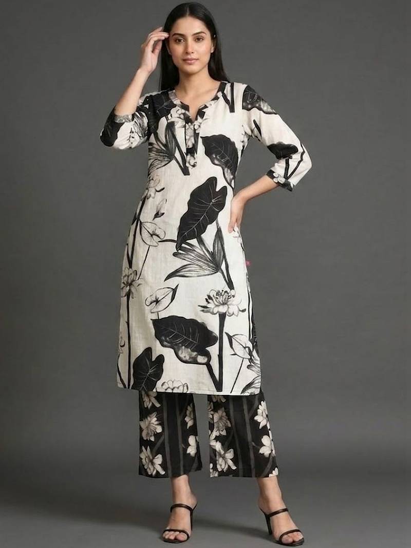 everyday classic women floral printed regular cotton kurta with palazzos