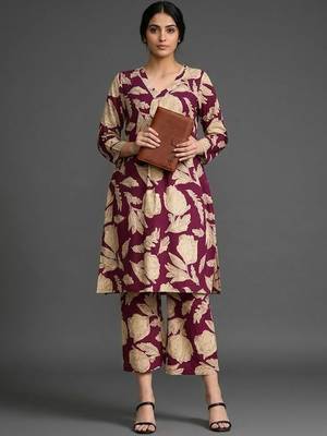 structured workwear women floral printed regular cotton kurta with trousers 1