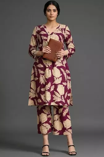 structured workwear women floral printed regular cotton kurta with trousers