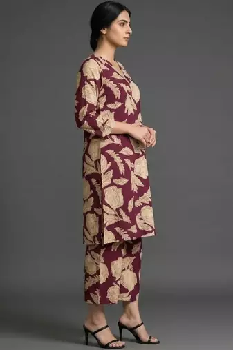 structured workwear women floral printed regular cotton kurta with trousers