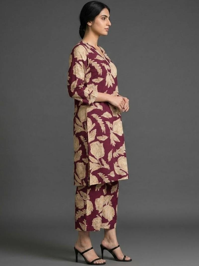 structured workwear women floral printed regular cotton kurta with trousers