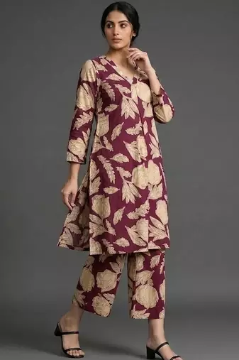 structured workwear women floral printed regular cotton kurta with trousers