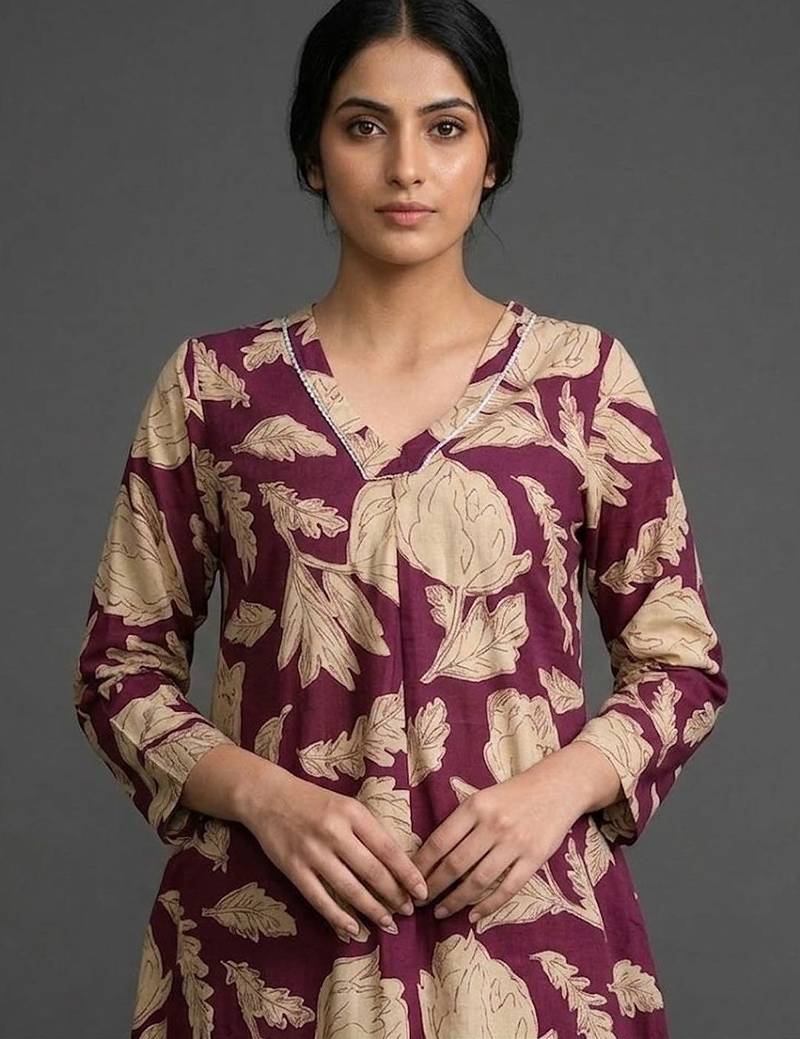 structured workwear women floral printed regular cotton kurta with trousers