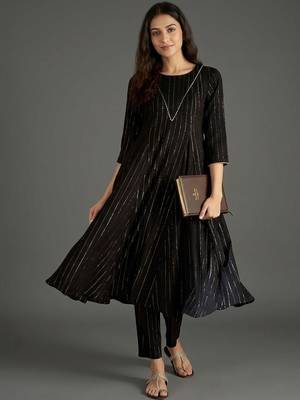 everyday classic women striped tiered thread work silk crepe kurta with trousers 1