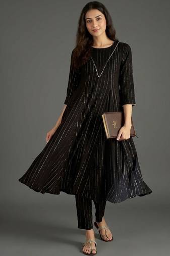 everyday classic women striped tiered thread work silk crepe kurta with trousers