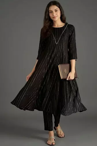 everyday classic women striped tiered thread work silk crepe kurta with trousers