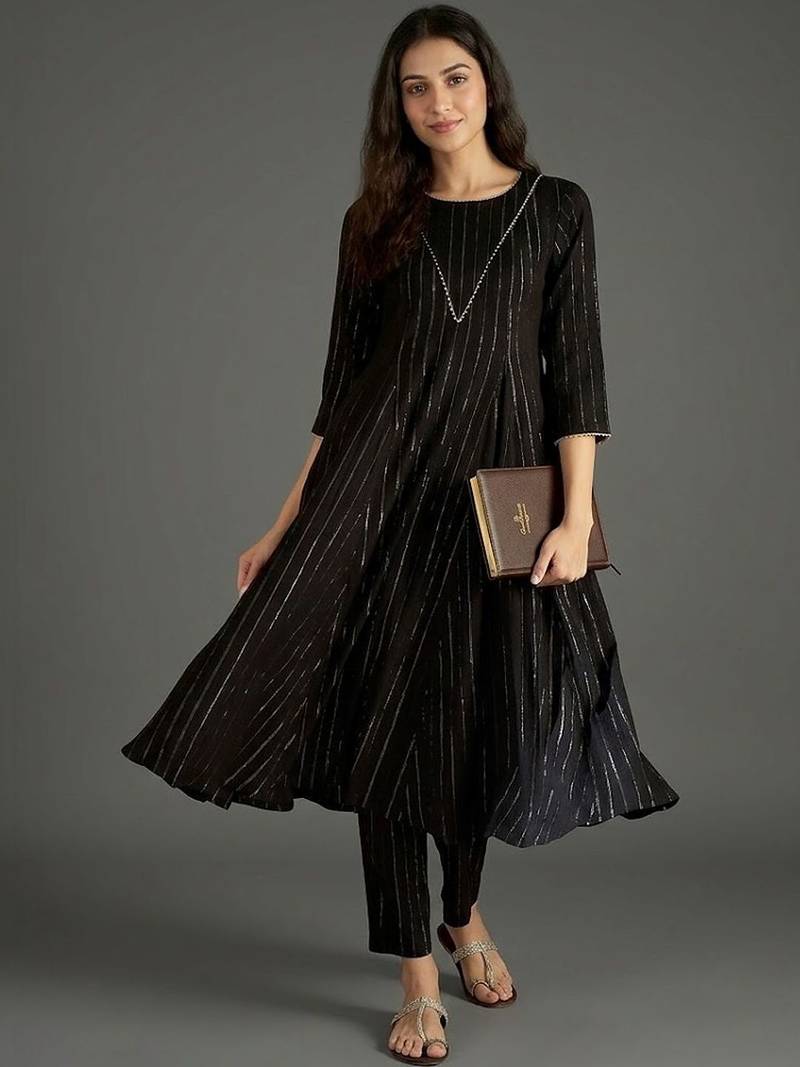 everyday classic women striped tiered thread work silk crepe kurta with trousers