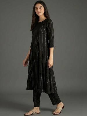 everyday classic women striped tiered thread work silk crepe kurta with trousers 2