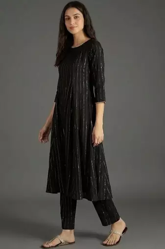 everyday classic women striped tiered thread work silk crepe kurta with trousers