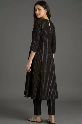 everyday classic women striped tiered thread work silk crepe kurta with trousers