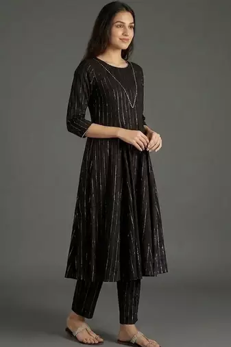 everyday classic women striped tiered thread work silk crepe kurta with trousers