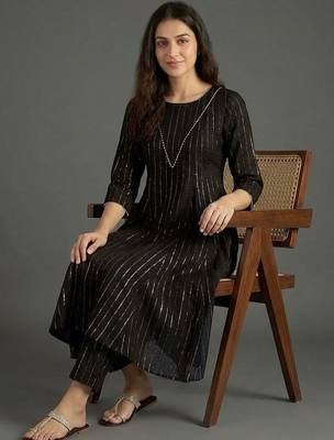 everyday classic women striped tiered thread work silk crepe kurta with trousers 5