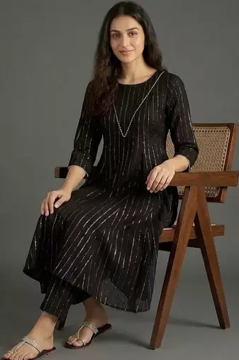 everyday classic women striped tiered thread work silk crepe kurta with trousers
