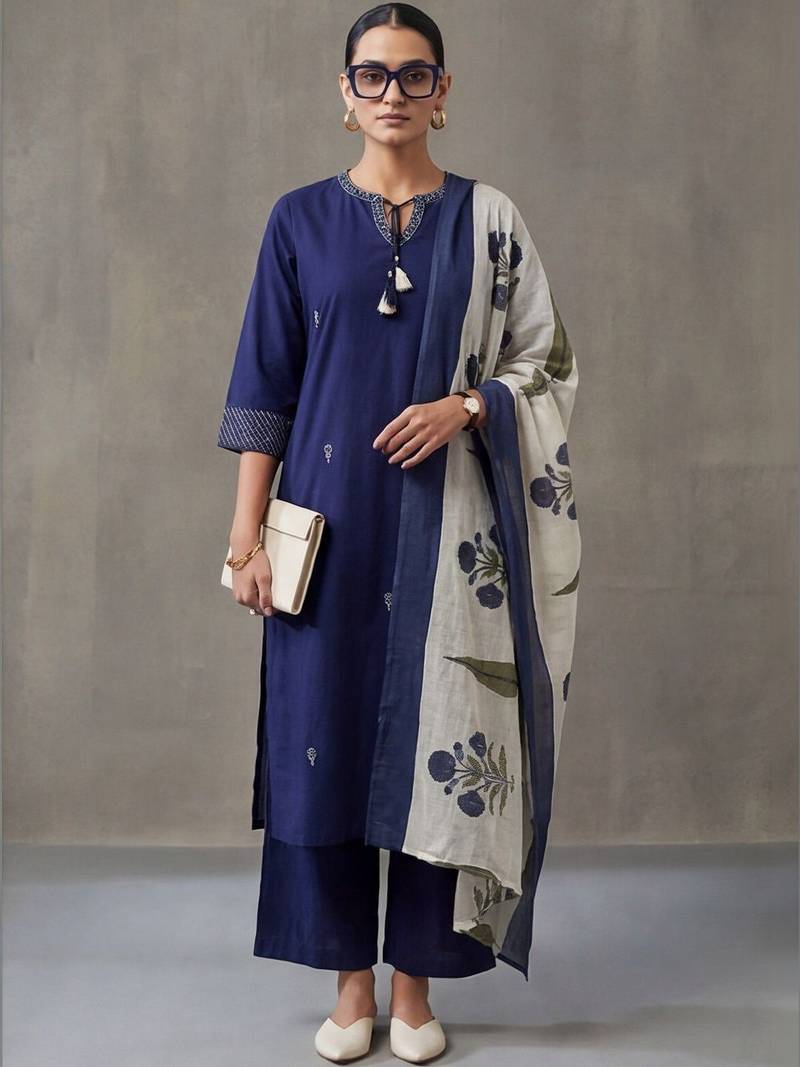 floral embroidered straight cotton kurta & trousers sets