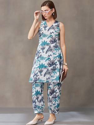 office-wear women floral printed regular cotton kurti with harem pants 1