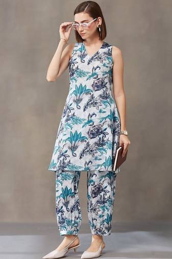 office-wear women floral printed regular cotton kurti with harem pants