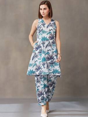 office-wear women floral printed regular cotton kurti with harem pants 3