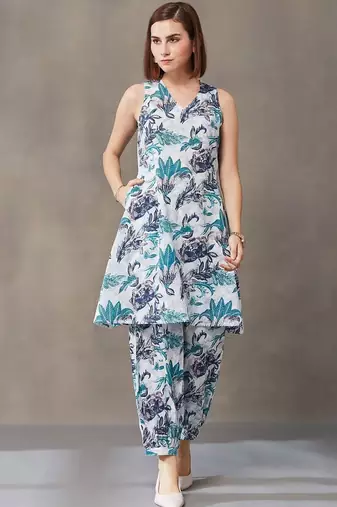 office-wear women floral printed regular cotton kurti with harem pants