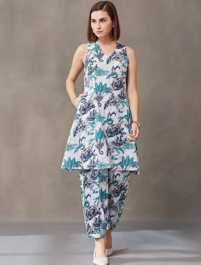 office-wear women floral printed regular cotton kurti with harem pants