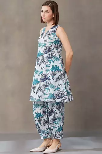 office-wear women floral printed regular cotton kurti with harem pants