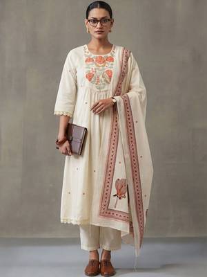 floral embroidered a-line cotton kurta & trousers sets 1