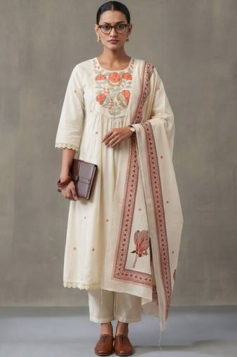 floral embroidered a-line cotton kurta & trousers sets