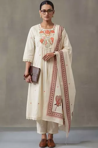 floral embroidered a-line cotton kurta & trousers sets