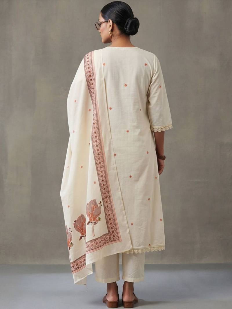 floral embroidered a-line cotton kurta & trousers sets