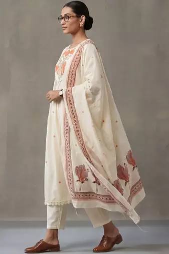 floral embroidered a-line cotton kurta & trousers sets