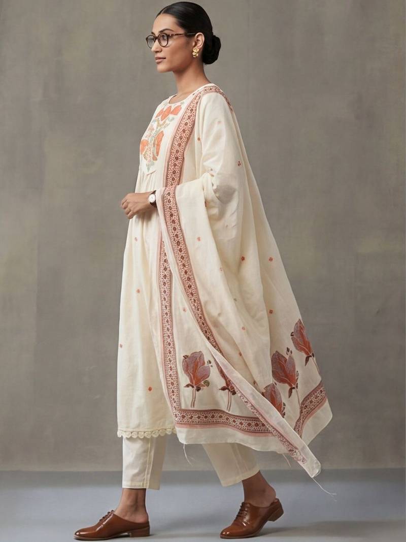 floral embroidered a-line cotton kurta & trousers sets