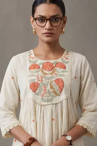 floral embroidered a-line cotton kurta & trousers sets