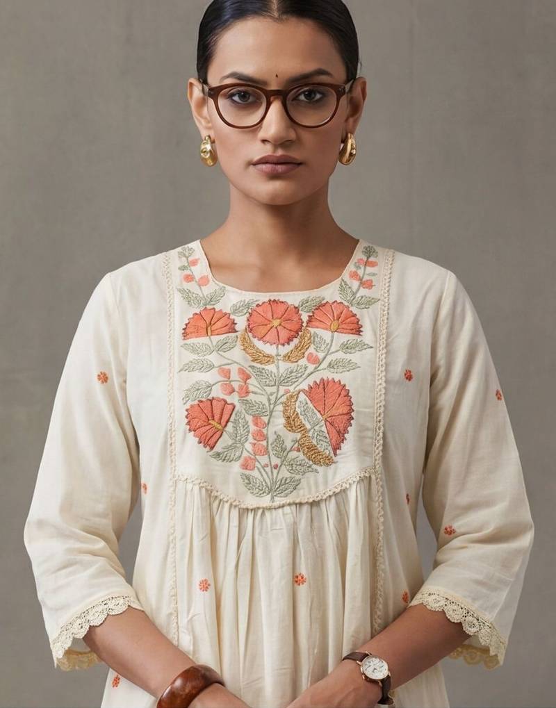 floral embroidered a-line cotton kurta & trousers sets