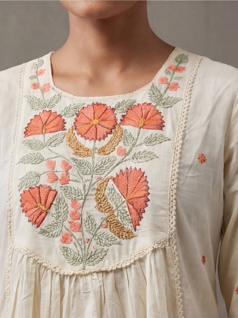 floral embroidered a-line cotton kurta & trousers sets