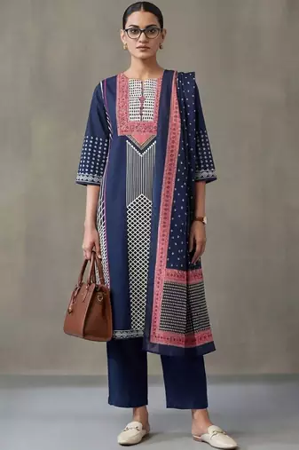 floral embroidered straight cotton kurta & trousers sets
