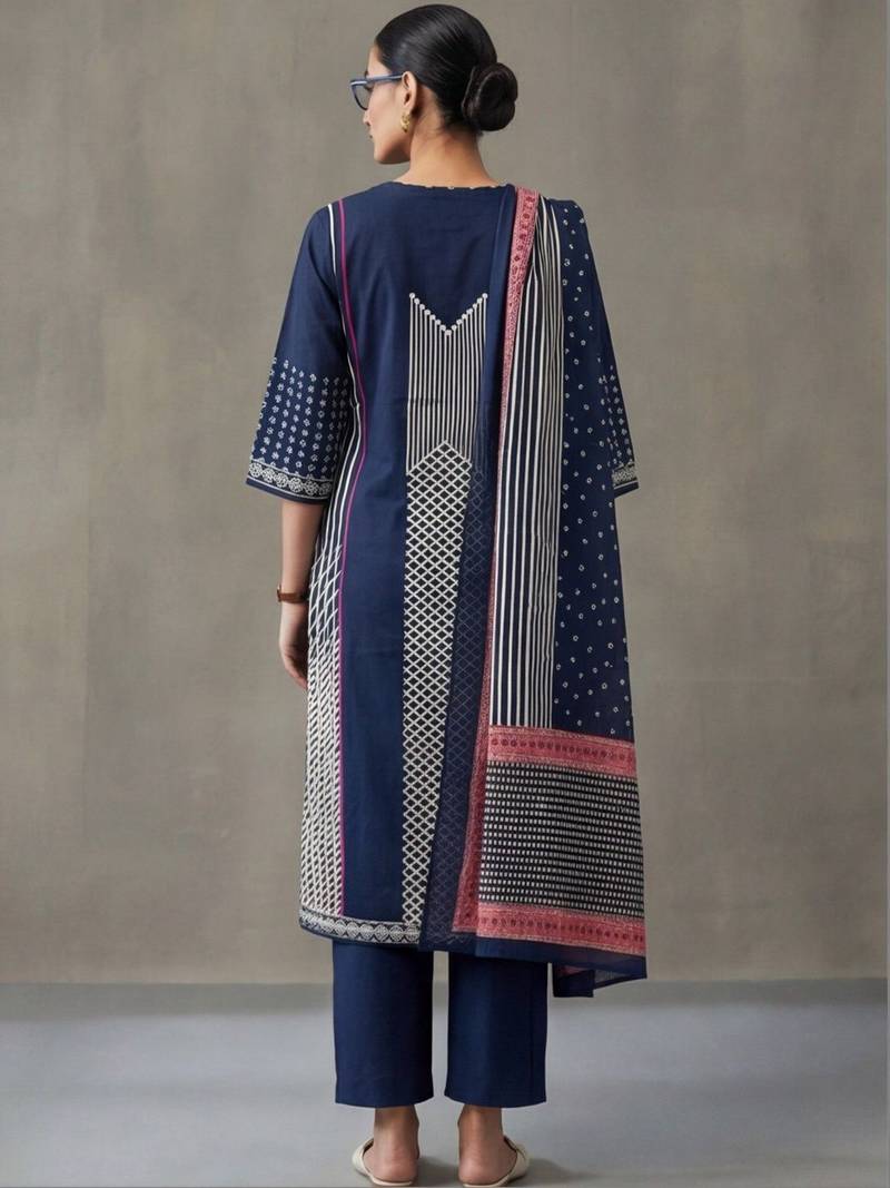 floral embroidered straight cotton kurta & trousers sets