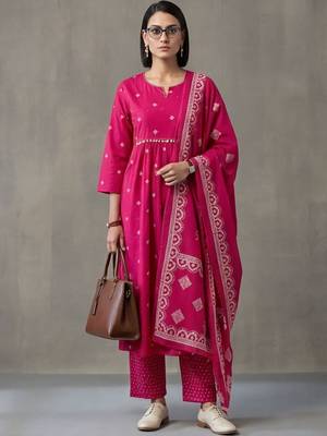 floral embroidered a-line cotton kurta & trousers sets 1